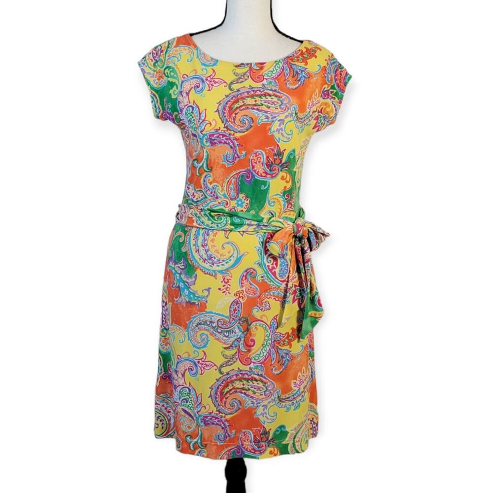 Lauren Ralph Lauren Dress Women's XS Orange Multi Paisley Preppy Summer Coastal